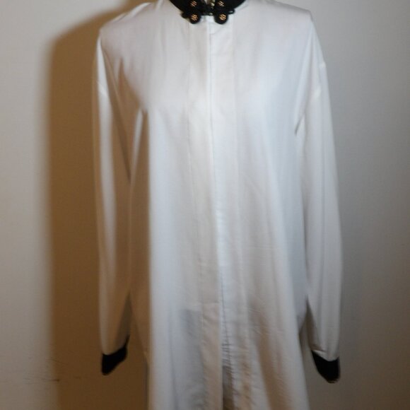 Tess Vintage Dressy Blouse Button Front Sz L High Neck Long Sleeve Shoulder Pads - Picture 3 of 5